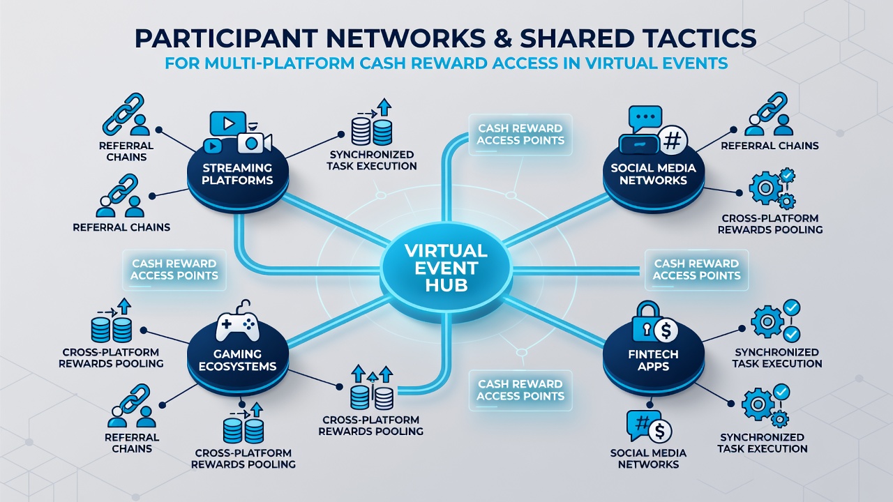 Visuele weergave van multi-platform beloningsstrategieën en netwerkverbindingen in virtuele events